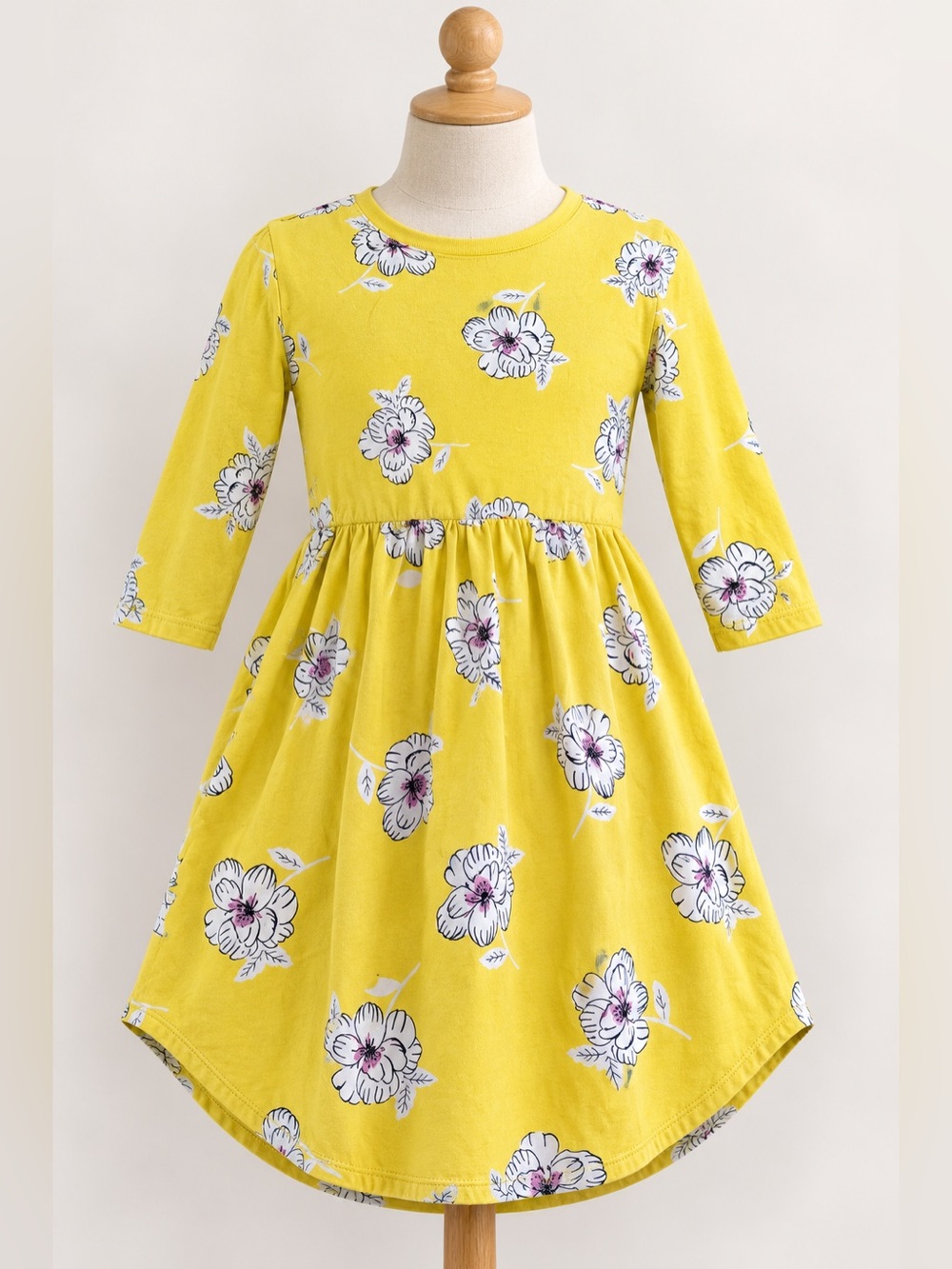 Tea Dress Girls’ 10 Yellow Floral White Flowers 3/4 Sleeves Midi Dress
